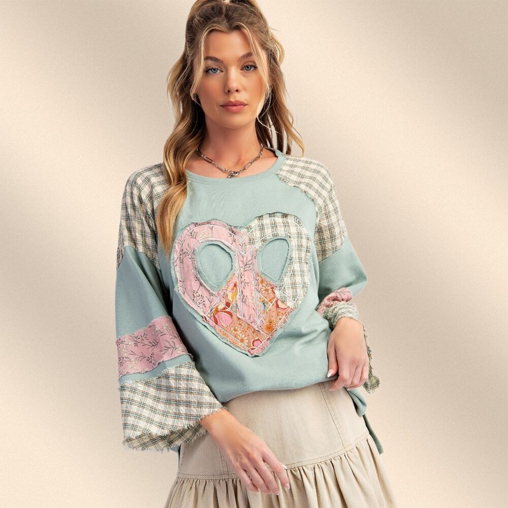 EASEL "Full Heart" Cotton Terry Mix Fabric & Print Embroidered Raw Frayed Edges - Picture 10 of 14